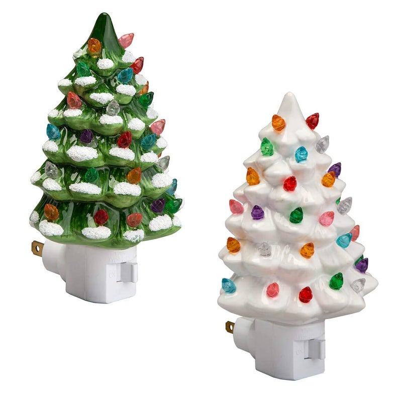 Fox Valley Traders Ceramic Christmas Tree Night Lights â€“ Set of 2 Holiday Plug-in Nightlights with Multicolor Bulbs â€“ Vintage Green & White Snow-Capped Trees â€“ Giftable Holiday DÃ©cor - Image 1